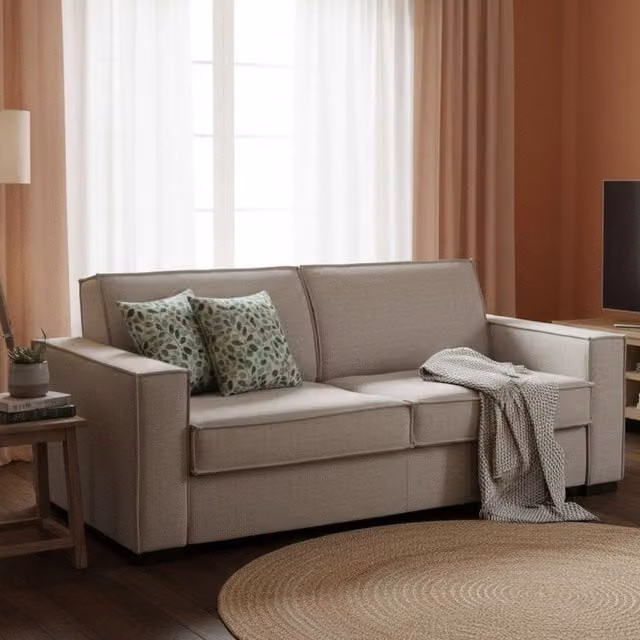 Divano Letto Alk Talamo Italia, Divano a 2 posti con apertura girevole e braccioli slim, Rivestimento in tessuto beige, L: 160 cm, H: 90 cm, P: 95 cm
