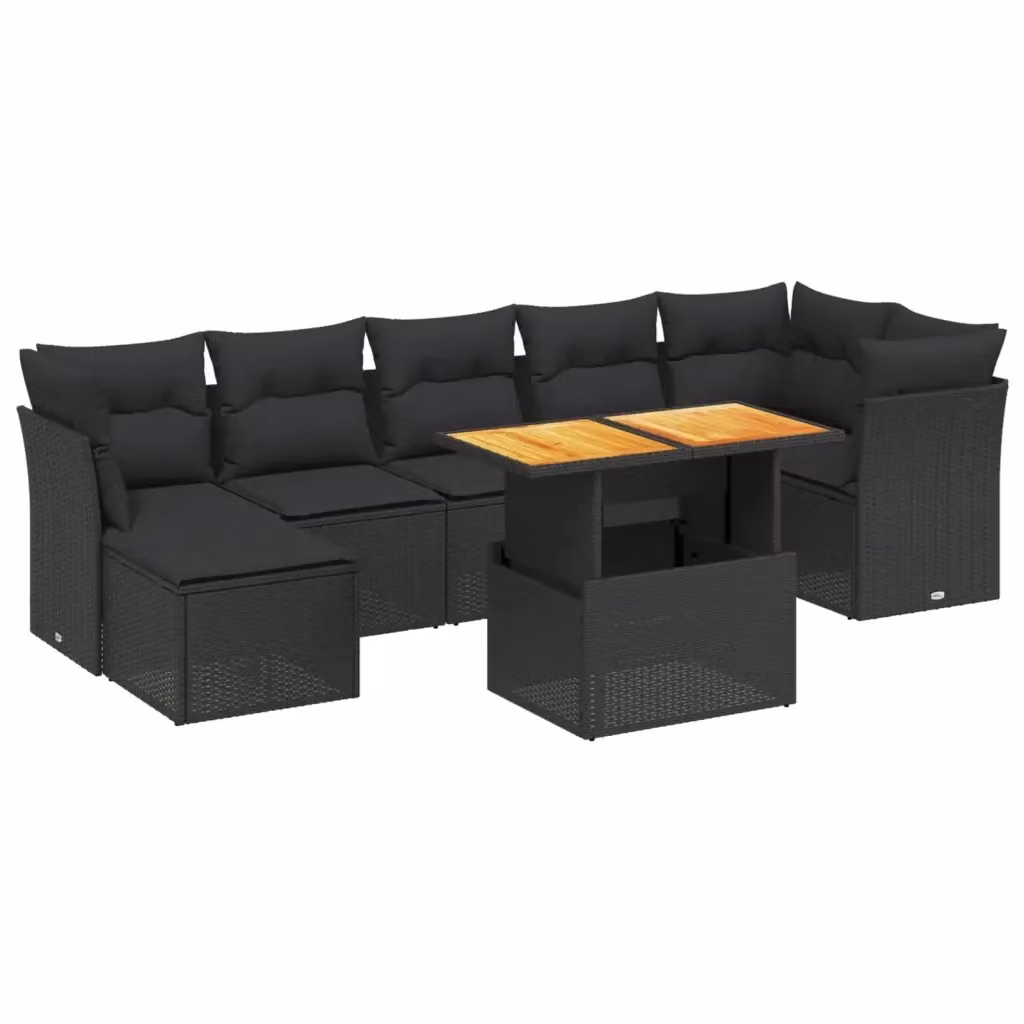 vidaXL Set Divani da Giardino a L con Cuscini 8 pz Nero in Polyrattan e Legno di Acacia – 2