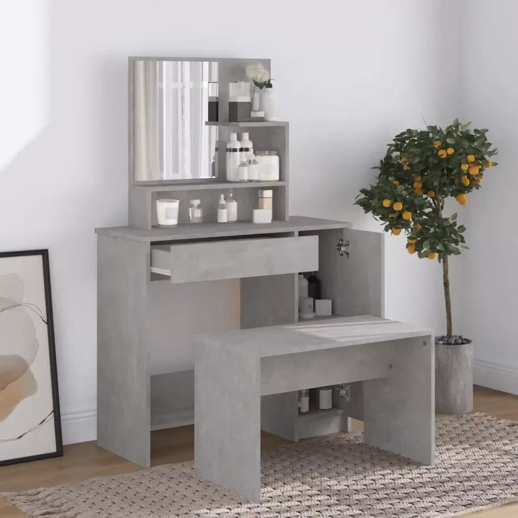 Set Tavolo da Toeletta e Specchio da Trucco Grigio con Design Minimalista L: 86,5 cm, P: 35 cm, H: 136 cm – 2