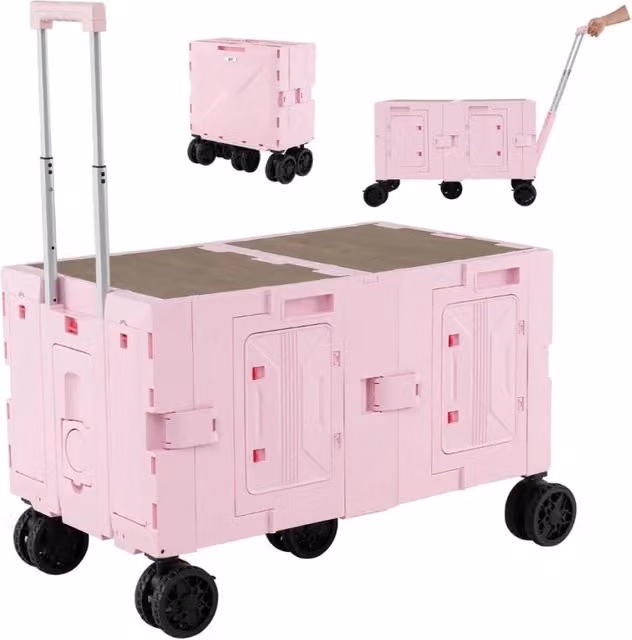Carrello multiuso pieghevole in metallo rosa con contenitore flessibile e manico telescopico L: 85 cm, P: 50 cm, H: 56 cm