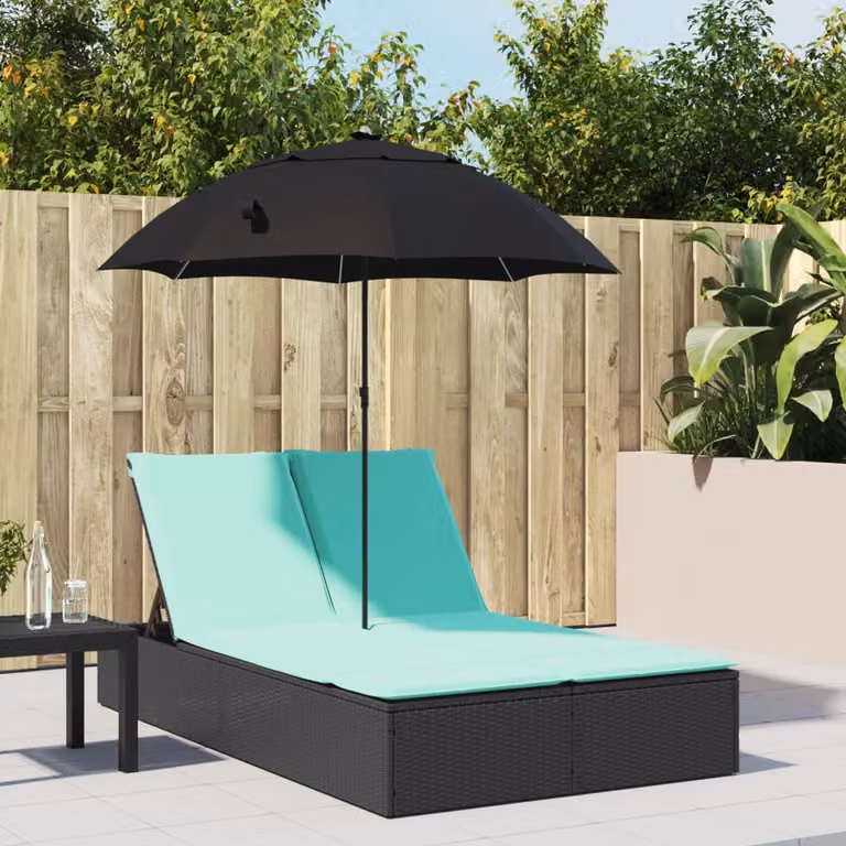 vidaXL Lettino Prendisole Doppio in Polyrattan Nero con Parasole e Cuscini Ergonomici