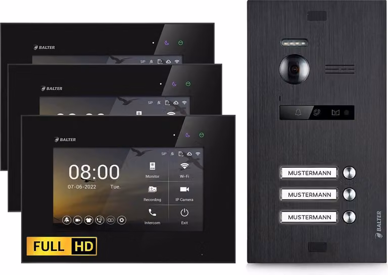 Videocitofono HD per casa trifamiliare, 3x monitor, Balter EVO HD Nero