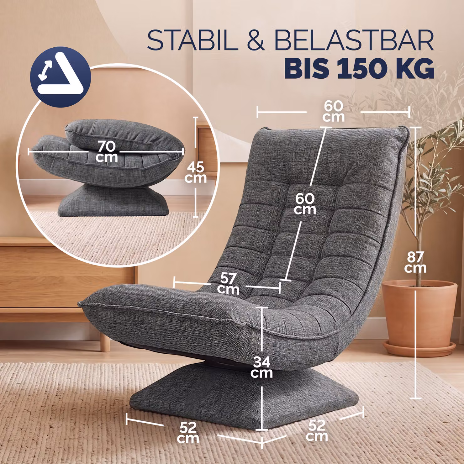 Sedia relax Aberdeen Casaria in tessuto grigio con struttura in metallo e funzione girevole a 360 gradi – 3