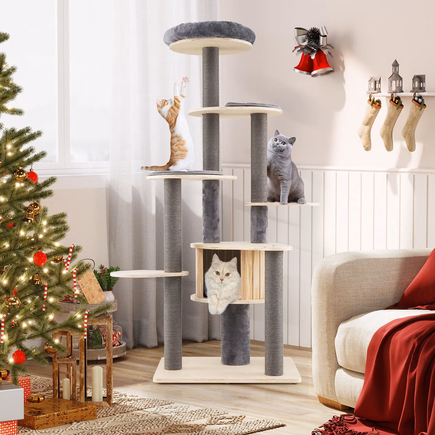 Albero per gatti Costway grigio con rifugio privato e posatoi imbottiti, Altezza: 172 cm