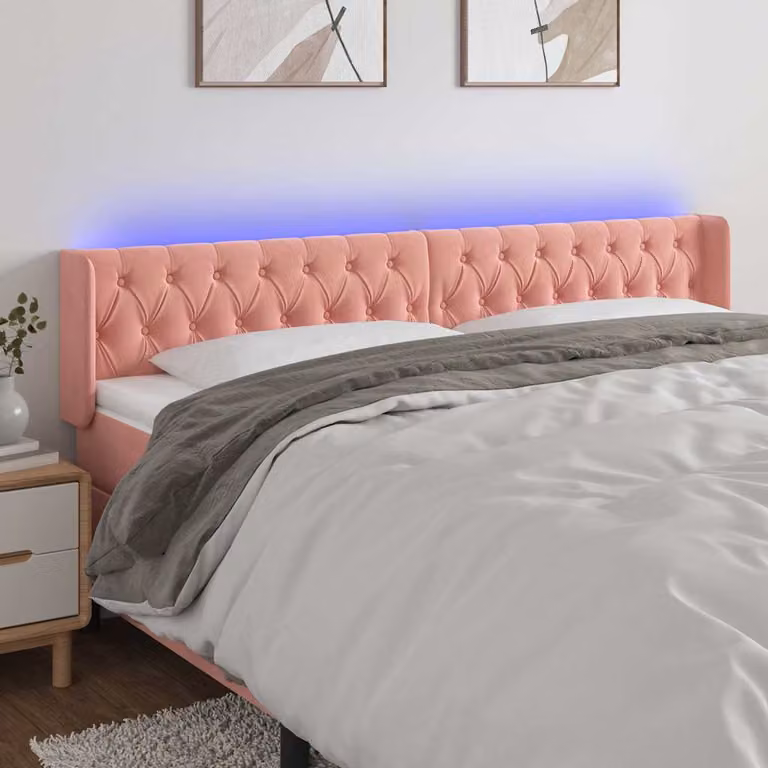 Testiera per letto vidaXL in velluto rosa con illuminazione LED e porta di ricarica USB, L: 203 cm, P: 16 cm, H: 78-88 cm