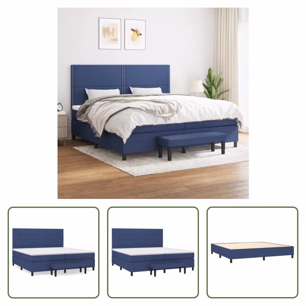 The Living Store Letto a molle con materasso blu 200x200 cm in tessuto
