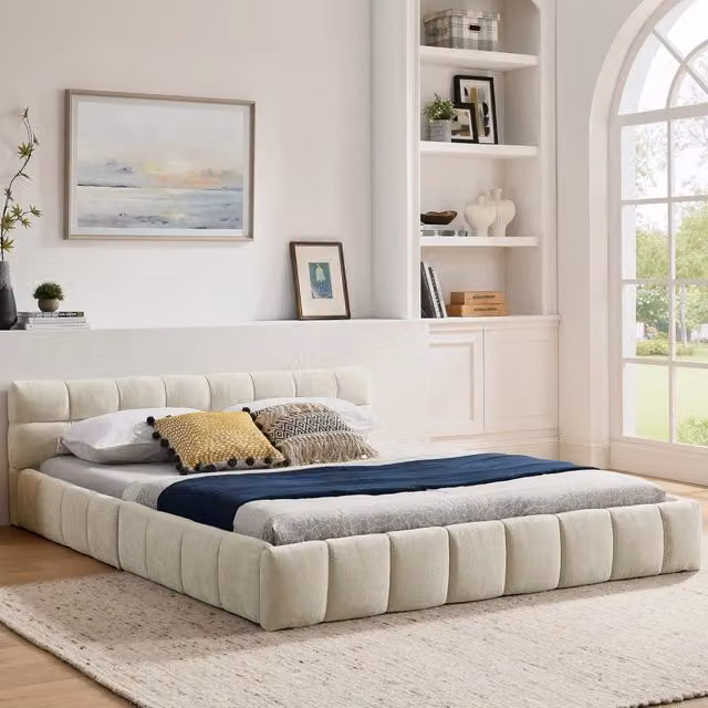 Letto matrimoniale 160 × 200 cm imbottito in ciniglia beige con trapuntatura quadrata, senza materasso
