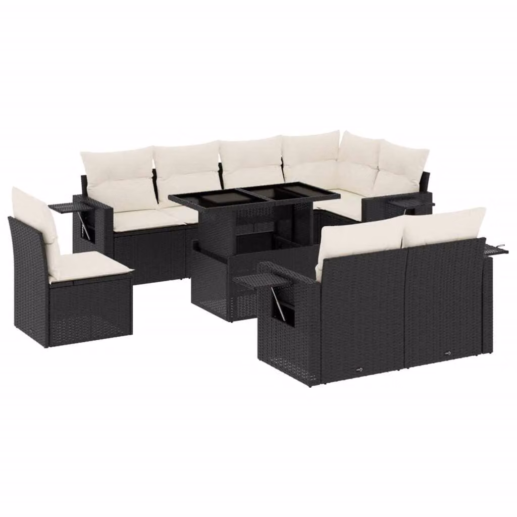 Set Divani da Giardino 9 pz con Cuscini Nero in Polyrattan