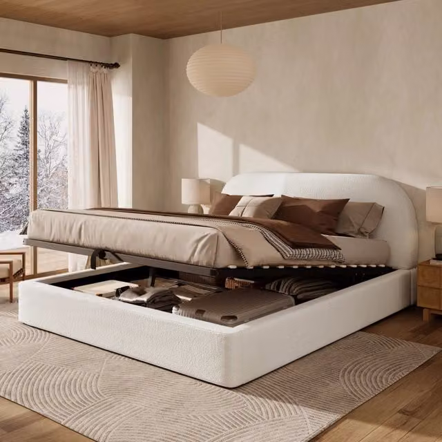 Letto matrimoniale 160 x 200 cm in bouclé beige con contenitore idraulico e rete a doghe