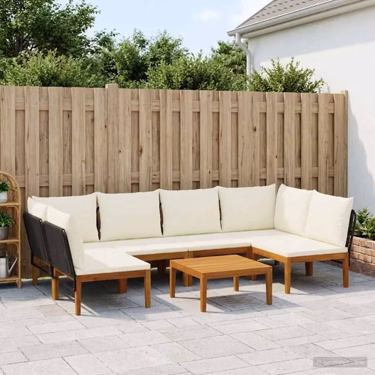Set da giardino vidaXL in legno di acacia e corda con divano angolare, poltrone e tavolino da caffè, 7 pezzi, beige e marrone