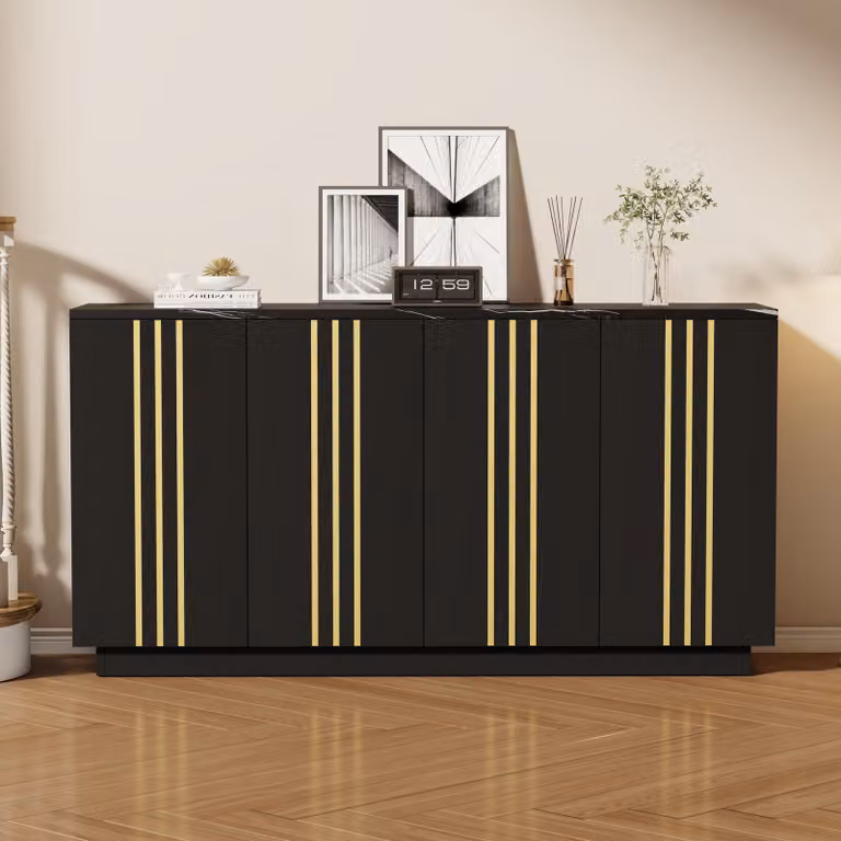 Credenza Merax con 4 ante e divisori regolabili, comò in truciolato, soggiorno, ingresso, camera da letto, elegante mobile contenitore, nero + oro