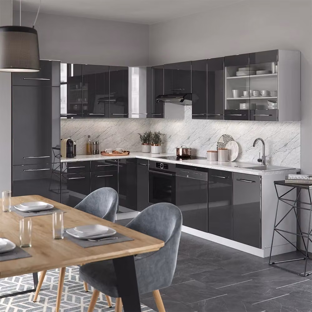 Cucina angolare moderna Vicco Fame-Line Antracite lucido e Bianco con piano effetto marmo L/P/H: 287 x 227 cm – 2