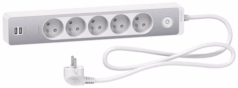 Ciabatta multipresa con cavo, 5 prese + 2 porte USB, lunghezza 1,5 metri, marca SCHNEIDER ELECTRIC, colore bianco/alluminio