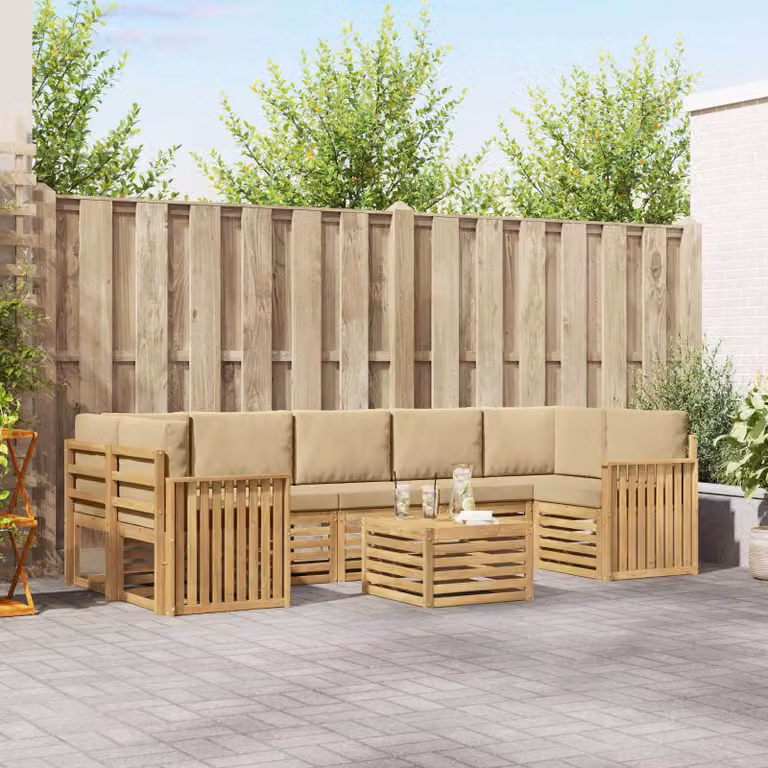 vidaXL Set di divani da esterno 8 pz in legno di acacia con cuscini Bianco e Beige