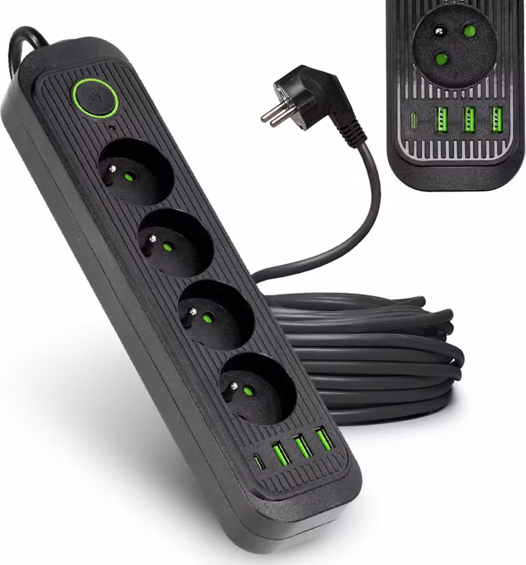 Ciabatta multipresa KOBI CONNECTO nera, con 4 prese, cavo da 5 metri, prolunga con 4 porte USB, interruttore on/off e messa a terra