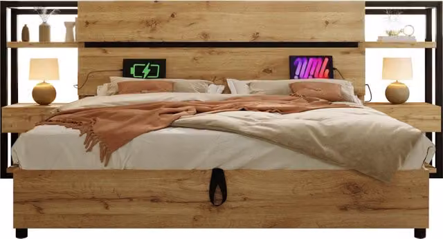 Letto contenitore matrimoniale 160x200 cm effetto rovere con apertura idraulica e porte USB