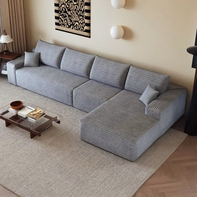 Divano angolare modulare con chaise longue a L schiuma ad alta elasticità tessuto a coste grigio per soggiorno