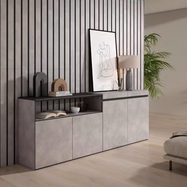 Credenza, Mobile, 200x35x75cm, 4 Porte, grande stoccaggio, grigio cemento RF2367