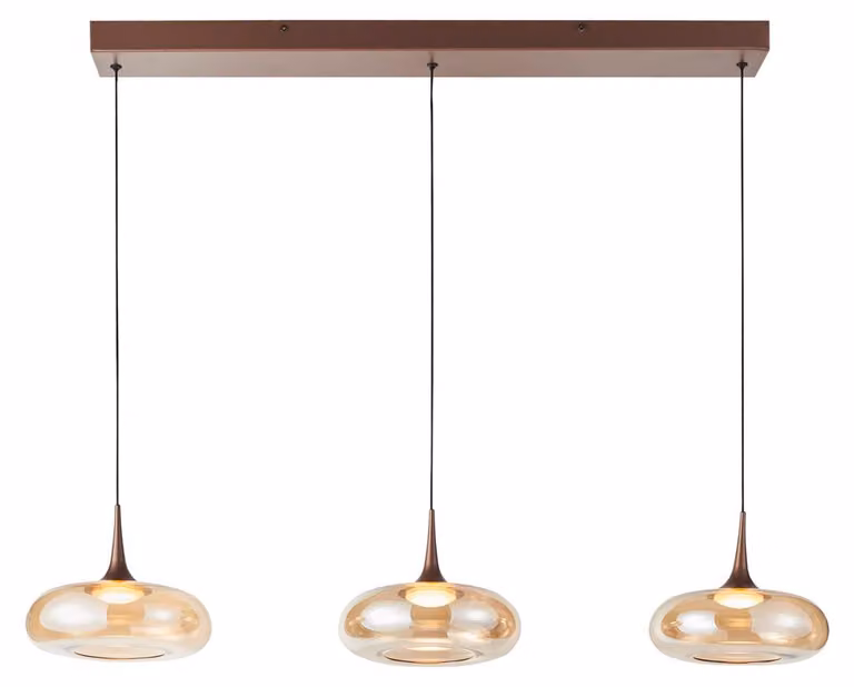 Lampada a sospensione a LED con paralumi ambrati dal design aerodinamico, modello Tenele in rame, 21 W, luce bianca calda, 1300 lm, metallo, dimensioni: 150x97x22 cm, IP20, Italux