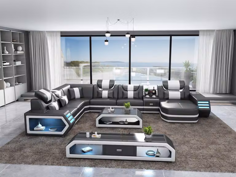 Ecksofa Polster Ecksofa U-Form Couchtisch Sideboard Ledersofa Wohnlandschaft
