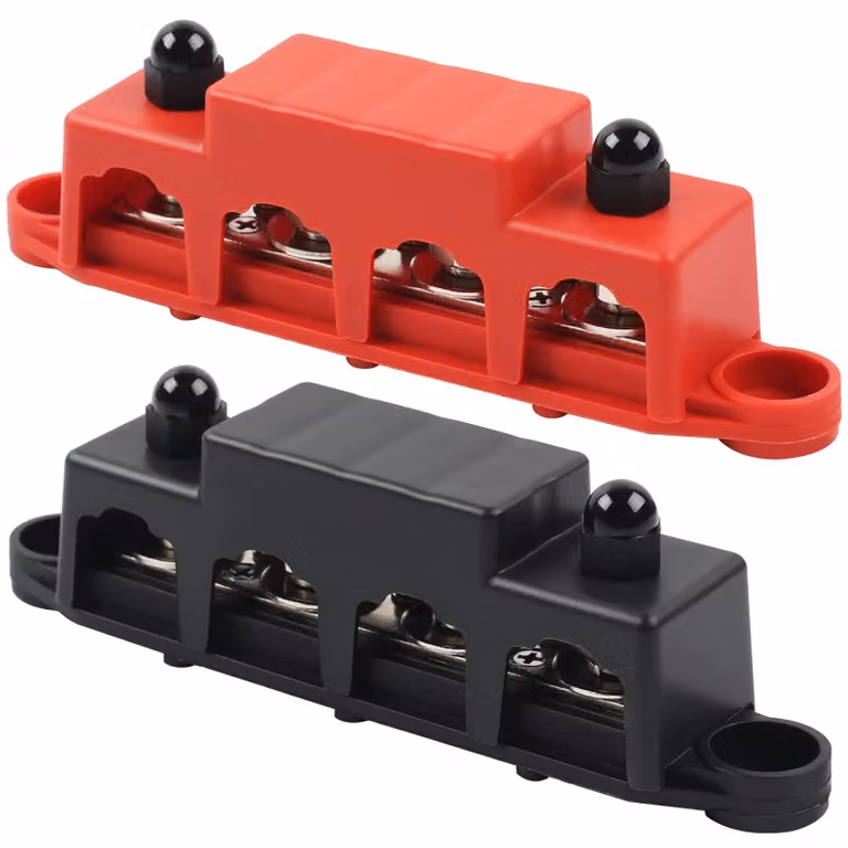 Blocco di distribuzione corrente per sbarra collettore, da 12 V a 48 V, con 4 morsetti M10, confezione da 2 pezzi