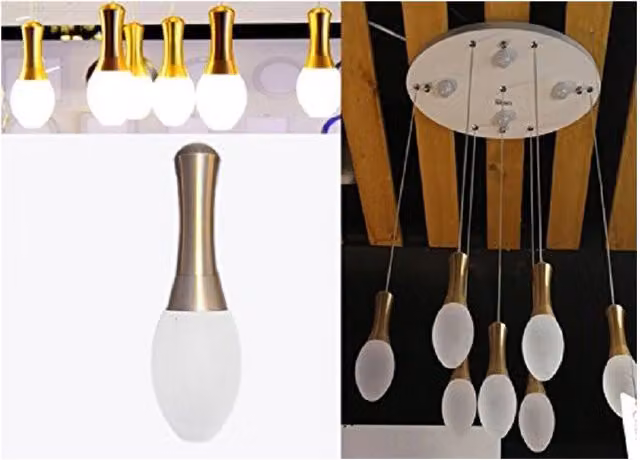Lampadario a sospensione Trade Shop Traesio con 7 pendenti in acciaio dorato e vetro per design moderno con luce LED