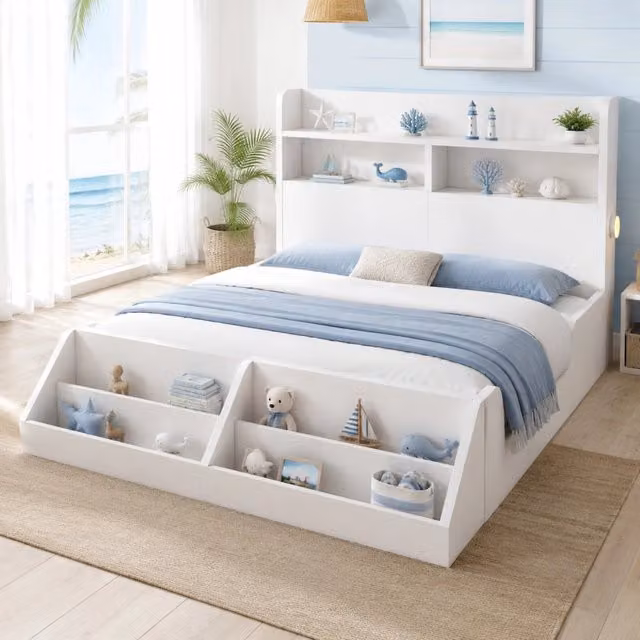 Letto in legno 140x200 cm con luci notturne; libreria removibile e rete a doghe; bianco
