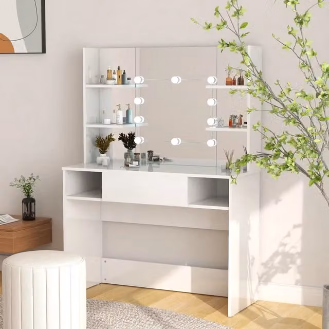 Toeletta Hollywood con Luci LED vidaXL in MDF Bianco Lucido L/P/H: 100 x 40 x 135 cm