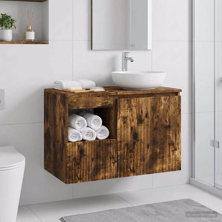 Mobile da bagno vidaXL in legno color rovere fumo con ante a battente e ripiani interni, L 30 cm x P 44,5 cm x H 50 cm