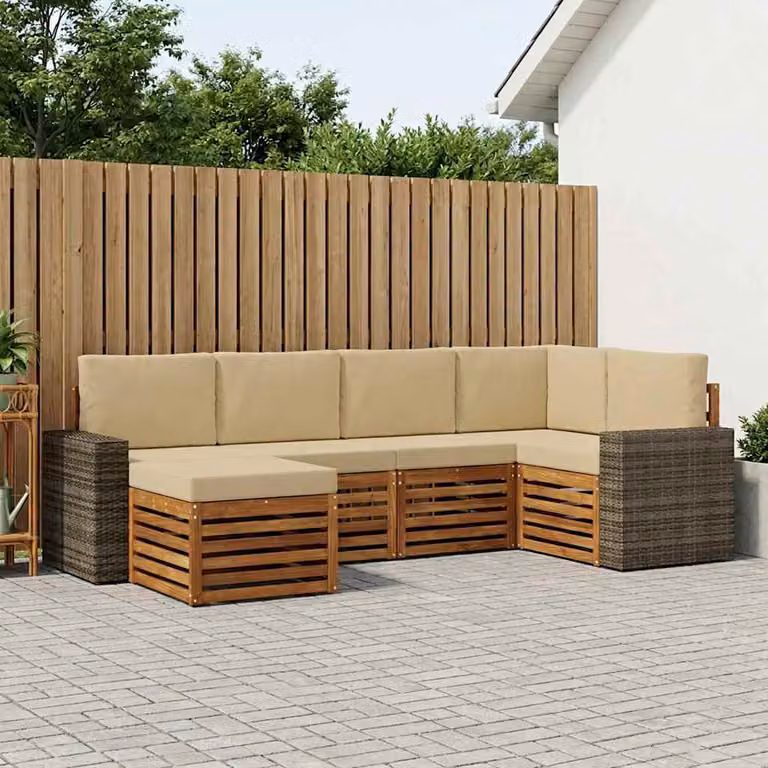 Set di divani da esterno vidaXL a forma di L composto da 6 pezzi in legno di acacia e poliestere beige e marrone con pouf incluso