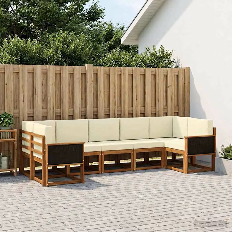 vidaXL Set di divani da esterno a forma di U composto da 7 pezzi in legno di acacia con cuscini beige e bianco e marrone