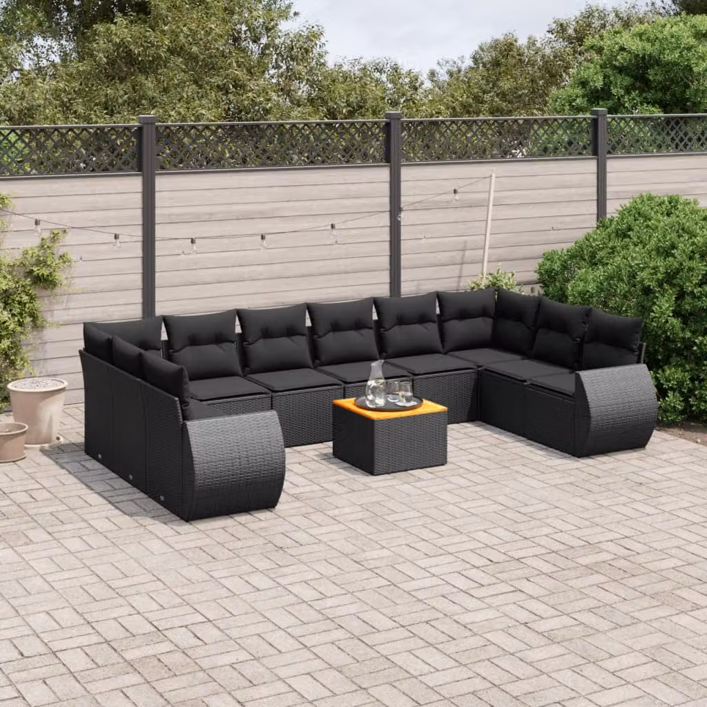 vidaXL Set Divani da Giardino 11 pz a Forma a L con Cuscini in Polyrattan e Acciaio Nero – 1