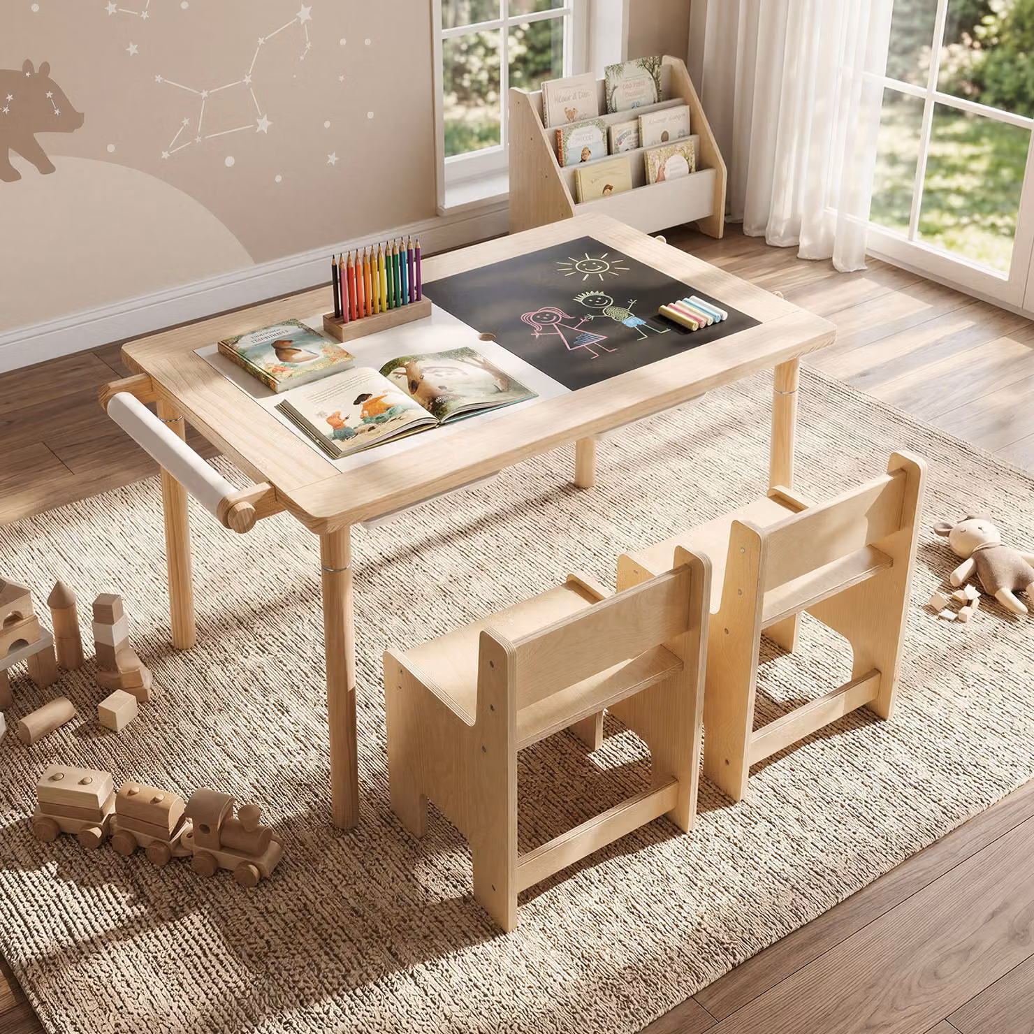 Costway Tavolo attività con 2 sedie per bambini in legno, set sensoriale con cassetti per sabbia e rullo di carta, stile scandinavo bianco e marrone