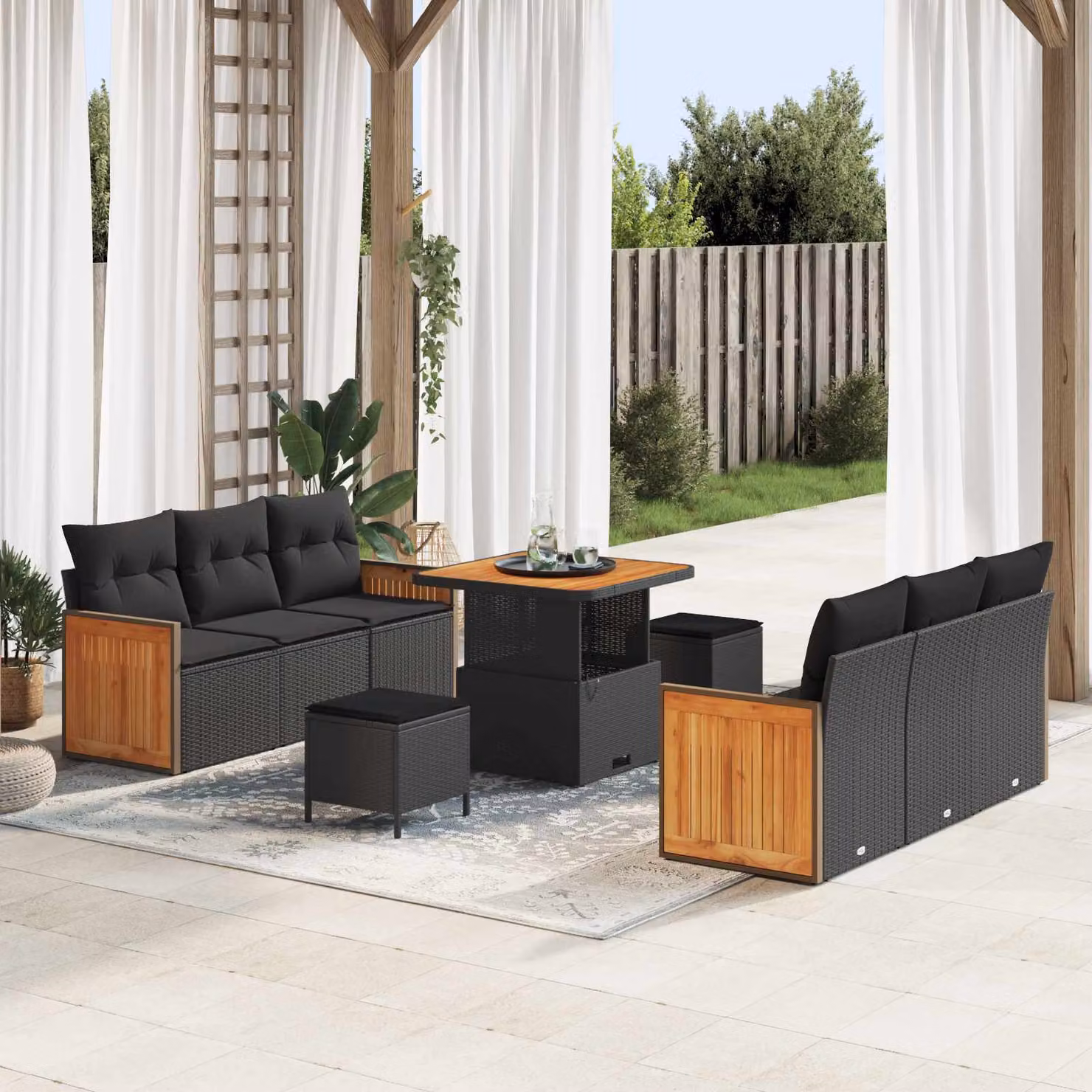 Set Divano da Giardino vidaXL a 9 Pezzi con Tavolino e Ottoman, Design Moderno a Forma di U, Colore Nero – 1