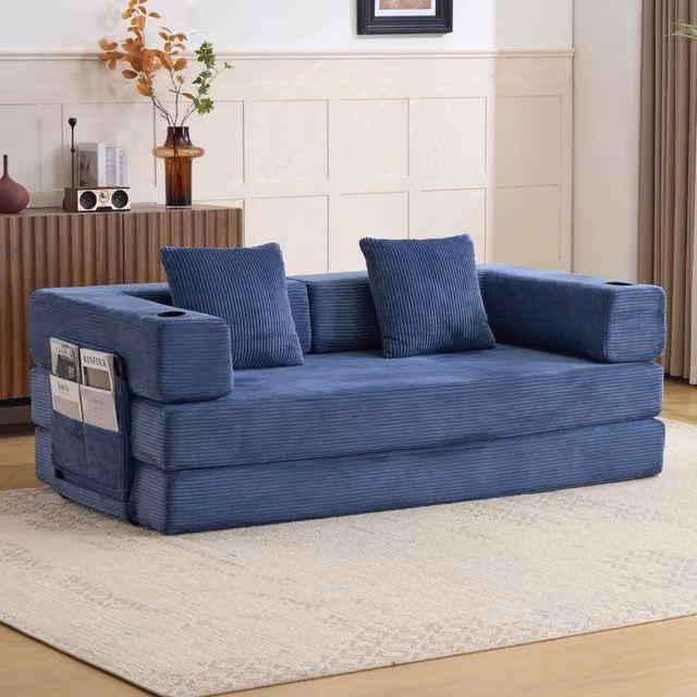 Divano letto pieghevole convertibile in velluto a coste con braccioli, tasche laterali e portabicchieri, blu scuro