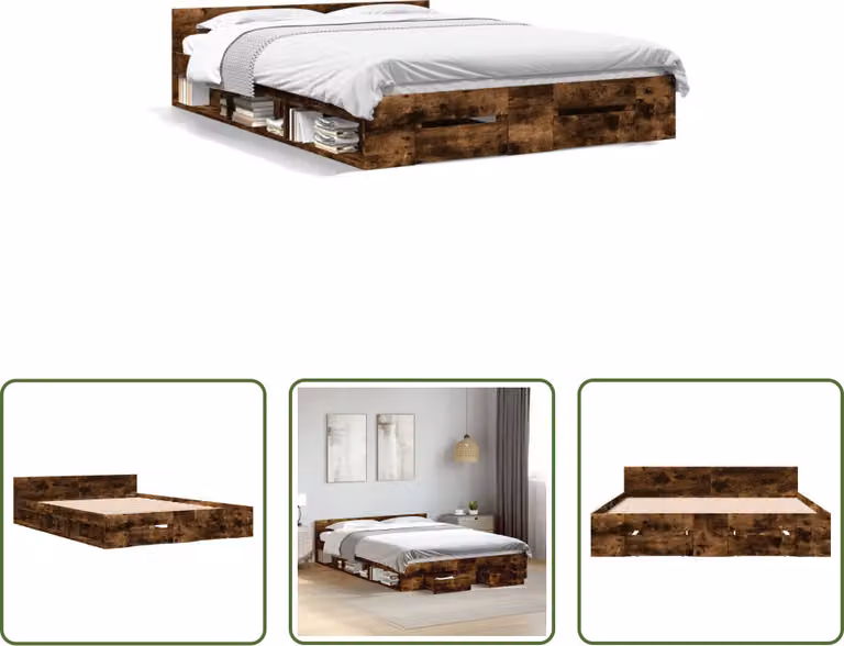 The Living Store Struttura per letto con cassetti in rovere fumé 120x200cm Materiale in legno