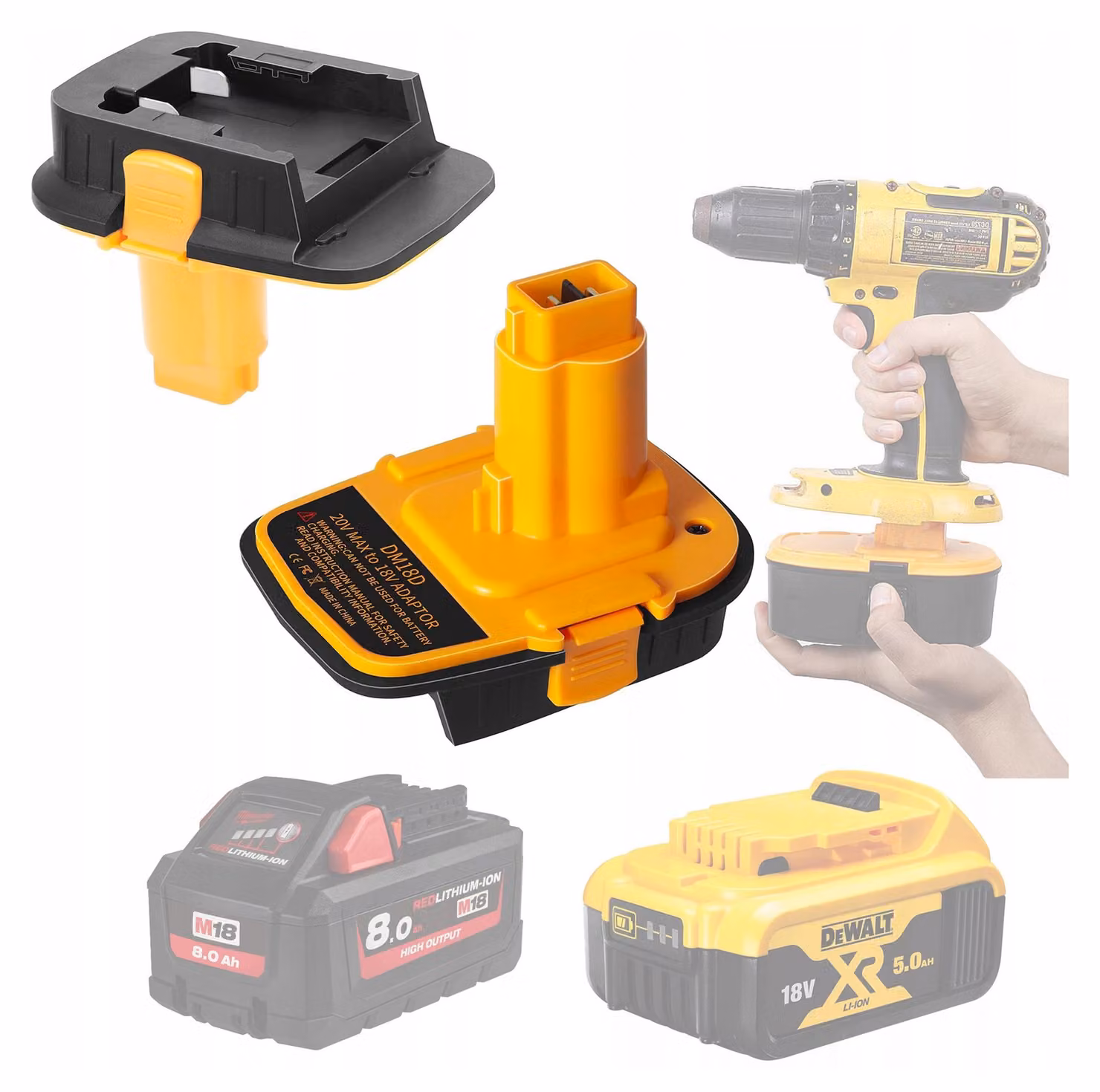 Rosfix Adattatore Dewalt DCB201 per Batterie Dewalt e Milwaukee da 18 V (DM18D) Giallo/Nero