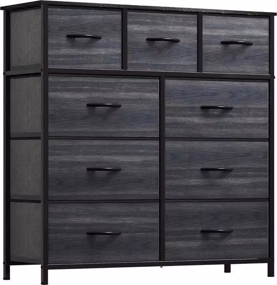 Commode a 9 cassetti con maniglie, cassettiera, armadio, cassettone, telaio metallico, commode in tessuto per camera da letto, soggiorno, ingresso, ufficio, finitura in legno nero