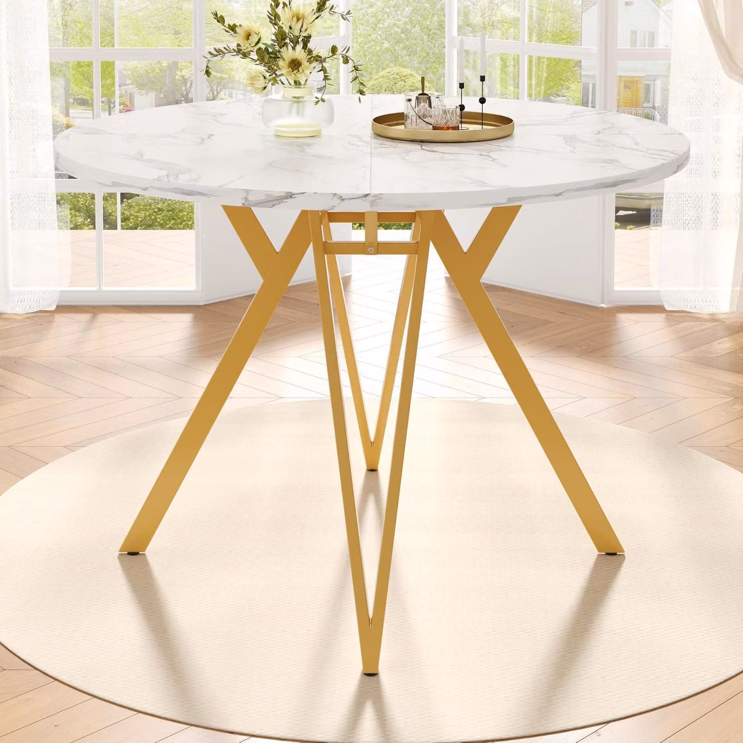 Tavolo rotondo da pranzo, diametro 100 cm, aspetto marmo bianco, gambe in metallo, ideale per cucina, sala da pranzo, soggiorno o ufficio domestico