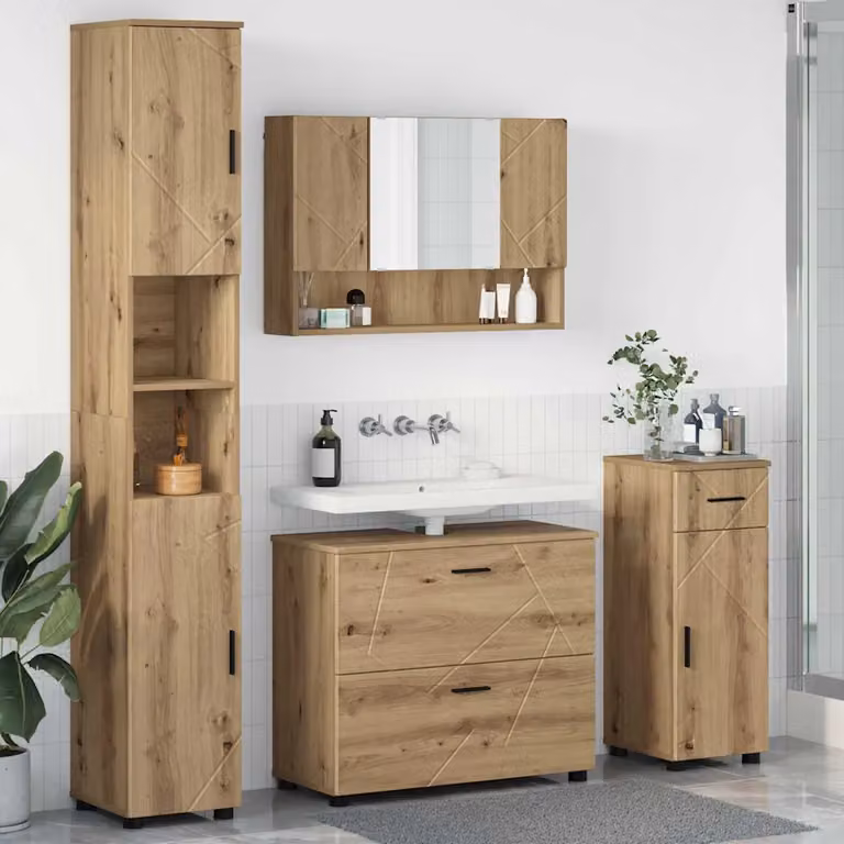 Set di mobili per il bagno vidaXL 4 pezzi in stile minimalista, colore marrone e nero, con mobile lavabo, armadietto con specchio, mobile laterale e colonna alta