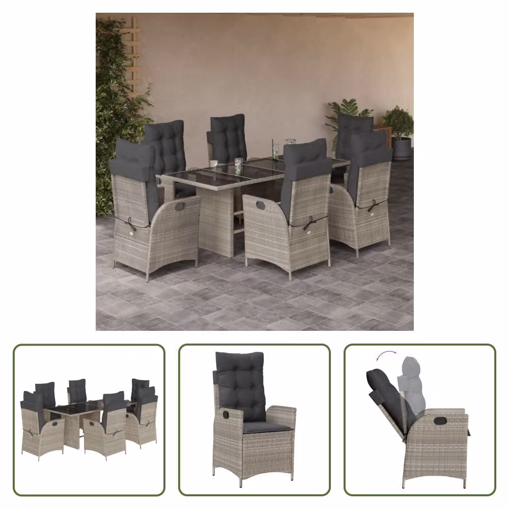The Living Store Set da pranzo da giardino 7 pezzi con cuscini in poly rattan grigio chiaro