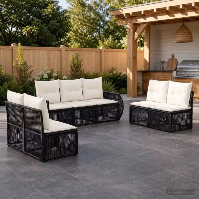 Set Divano da Giardino 7 pz Nero e Bianco Crema polyrattan 3435385