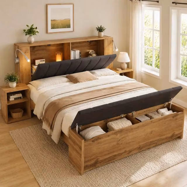 Letto matrimoniale REDOM moderno con base contenitore, testiera con luci di lettura e porte USB, colore marrone, 160x200 cm