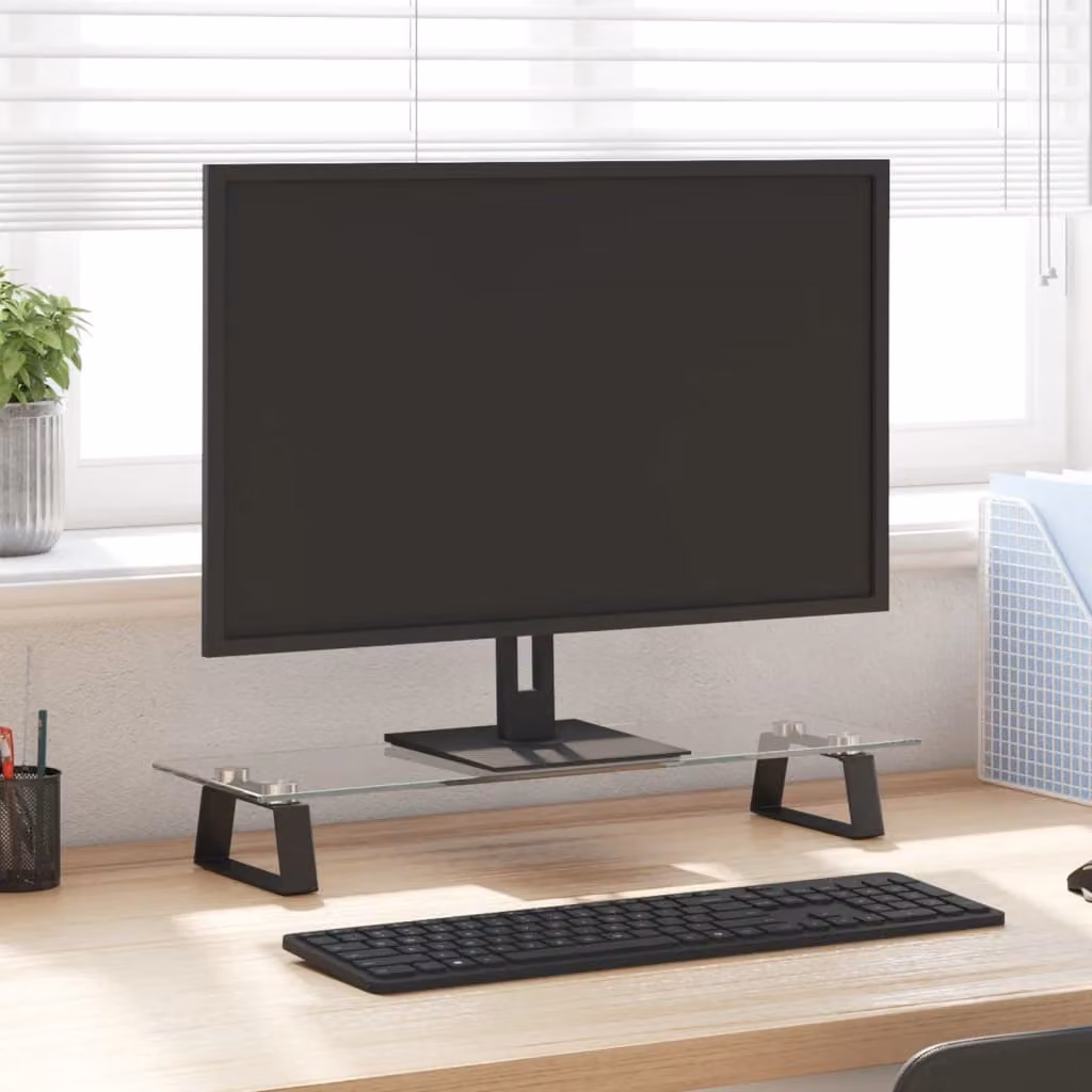vidaXL Supporto per Monitor in Vetro Temperato e Metallo, Nero e Trasparente, L/P/H: 60 x 20 x 8 cm