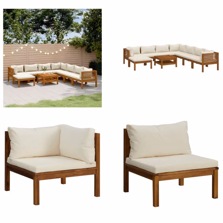 vidaXL Set salotto da giardino 9 pezzi con cuscini crema in legno massiccio di acacia - Set salotto da giardino - Set salotto da giardino - Set divano modulare - Set divano modulare