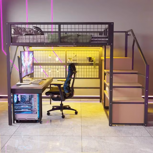 Letto a soppalco 140x200 in metallo nero con scala contenitore e luci LED