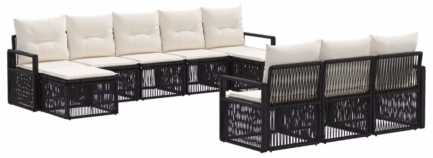 Set da giardino composto da 10 pezzi, colore nero, realizzato in rattan sintetico