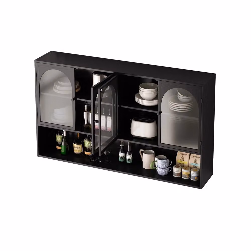 Armadietto a parete Minimal con 4 ante in vetro grigio e struttura nera per bagno, cucina o soggiorno, L: 120 cm – 2