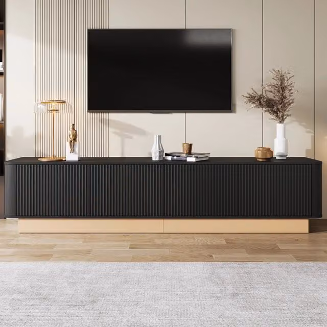 Mobile TV con 4 ante, ripiani regolabili e passacavi, in MDF nero per soggiorno, 200 × 40 × 47.5 cm