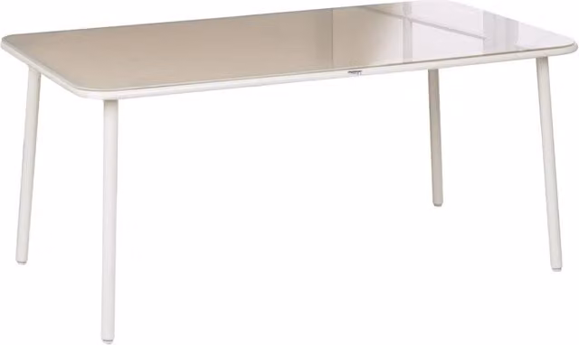 Tavolo da esterno rettangolare Beliani con struttura in acciaio verniciato beige chiaro e piano in vetro temperato, L: 160 cm, P: 90 cm, H: 75 cm